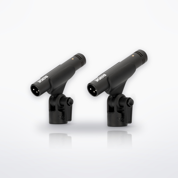 RØDE M5 matched pair pencil condenser microphones mounted in RM5 clips, three-quarter rear view