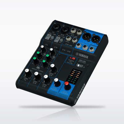 Yamaha MG06 6-channel analog mixer, angled view