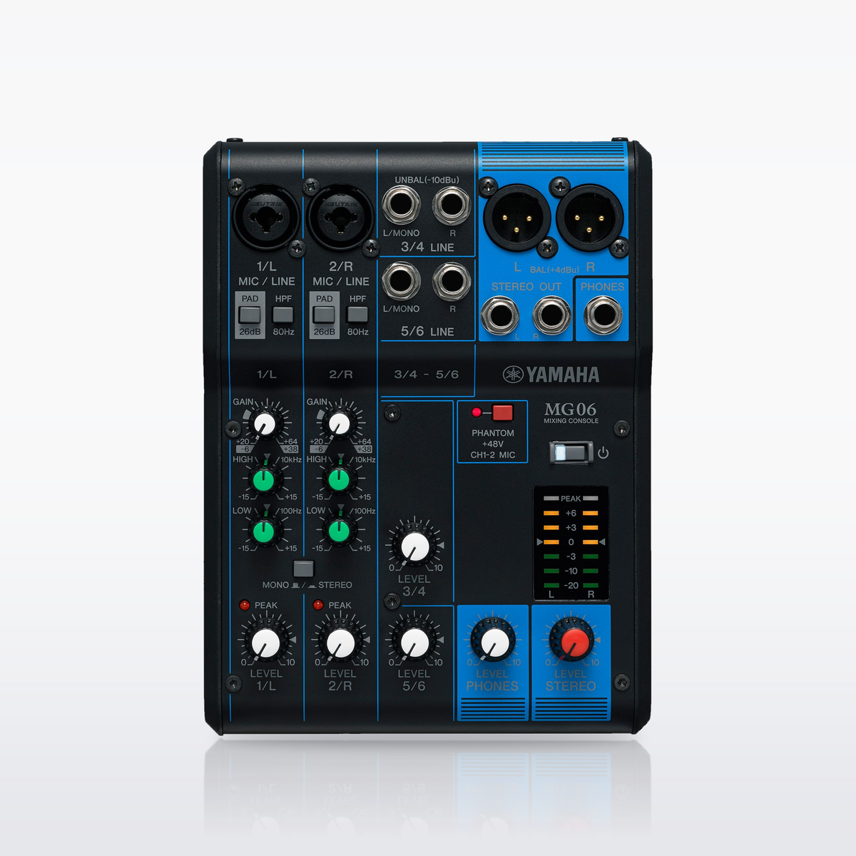 Yamaha MG06 mixer, control surface from above