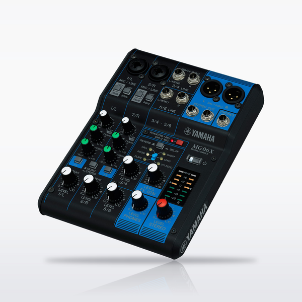 Yamaha MG06X 6-channel analog mixer with effects, angled view
