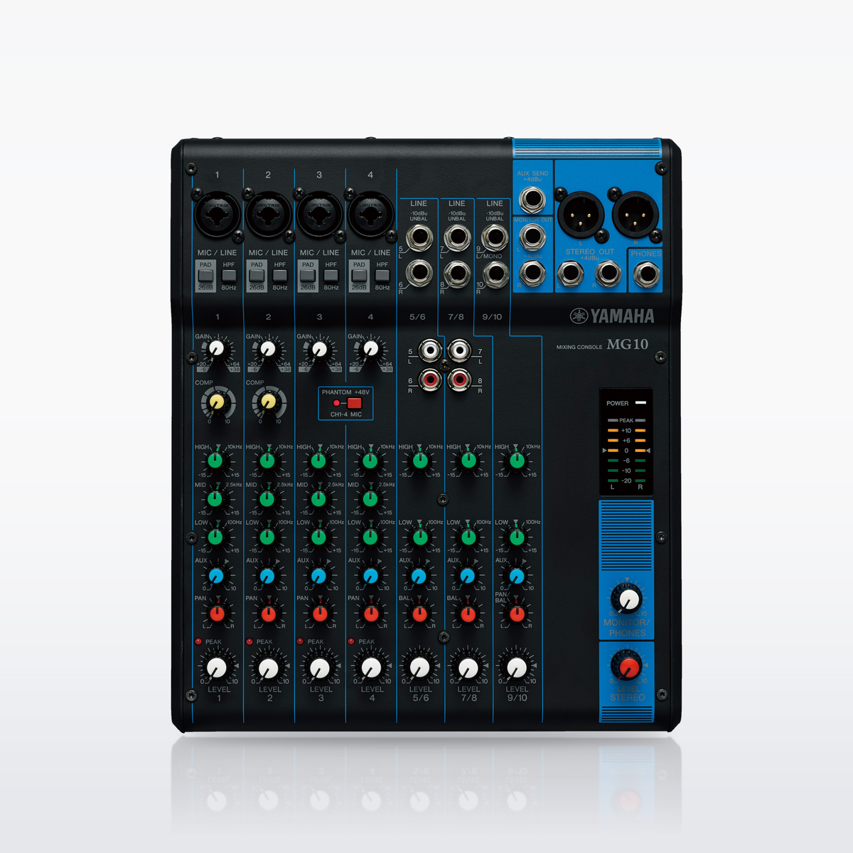 Yamaha MG10 mixer, control surface from above