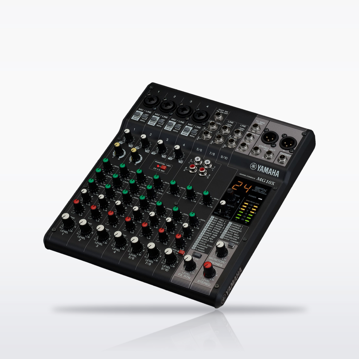Yamaha MG10X 10-channel analog mixer with effects, angled view