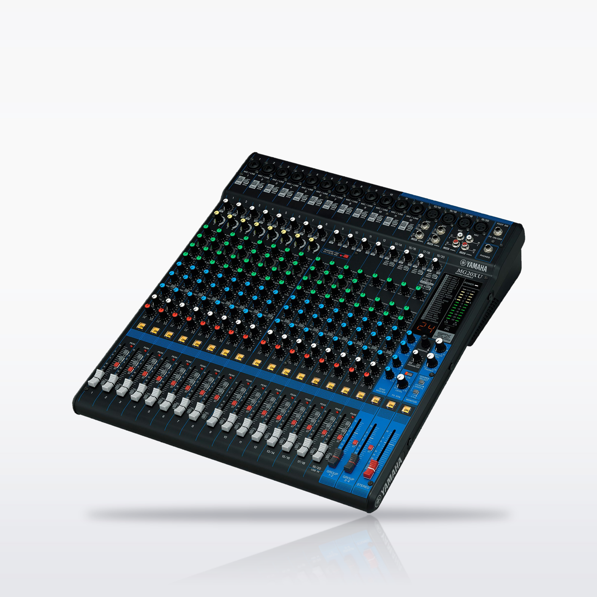 Yamaha MG20XU 20-channel analog mixer with USB, angled view