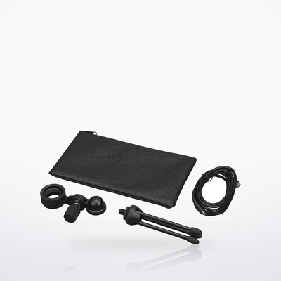 Yamaha YCM01U included accessories: desk tripod, stand adapter, USB-C cable and pouch