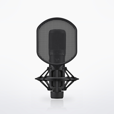 Yamaha YCM705, Black, in the shock mount with the pop filter fitted