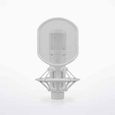 Yamaha YCM705, White, in the shock mount with the pop filter fitted