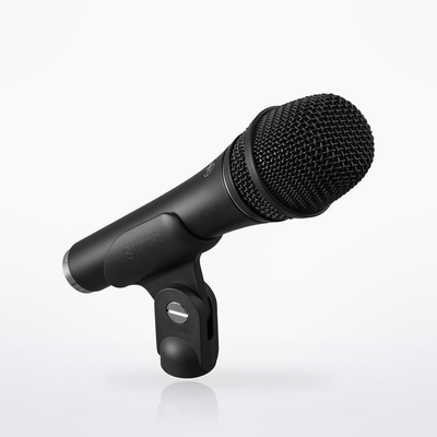 Yamaha YDM707, Black, seated in its included microphone holder