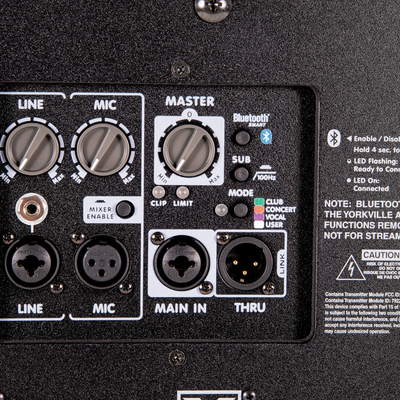Yorkville EF10P rear panel with mixer, DSP mode and Bluetooth controls