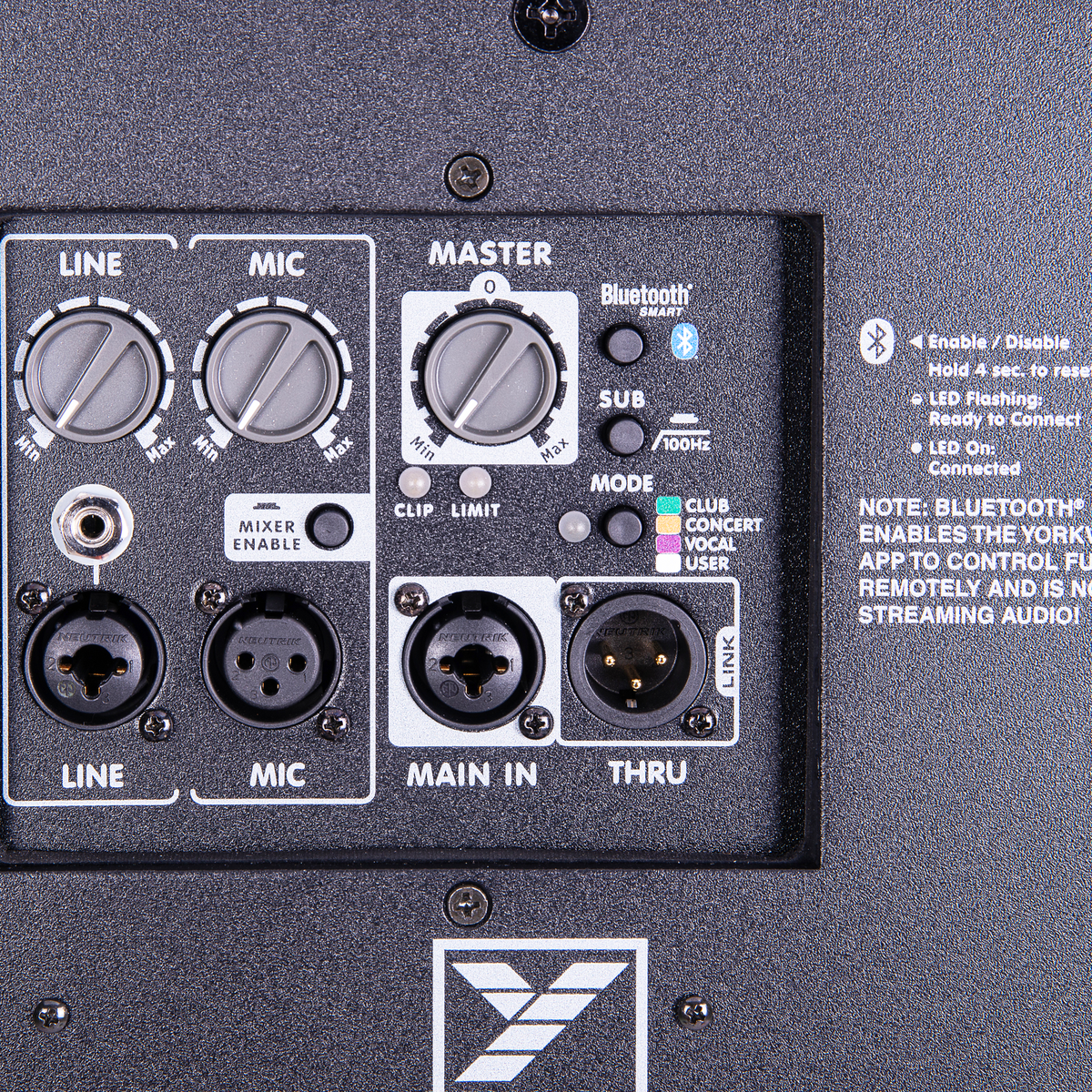 Yorkville EF15P rear panel with mixer, DSP mode and Bluetooth controls