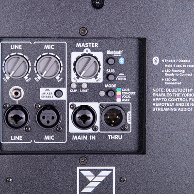 Yorkville EF15P rear panel with mixer, DSP mode and Bluetooth controls