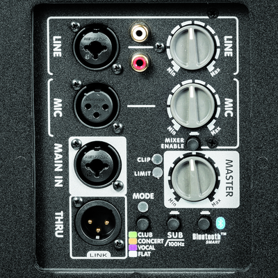 Yorkville EF215P rear panel close-up with mixer and DSP controls