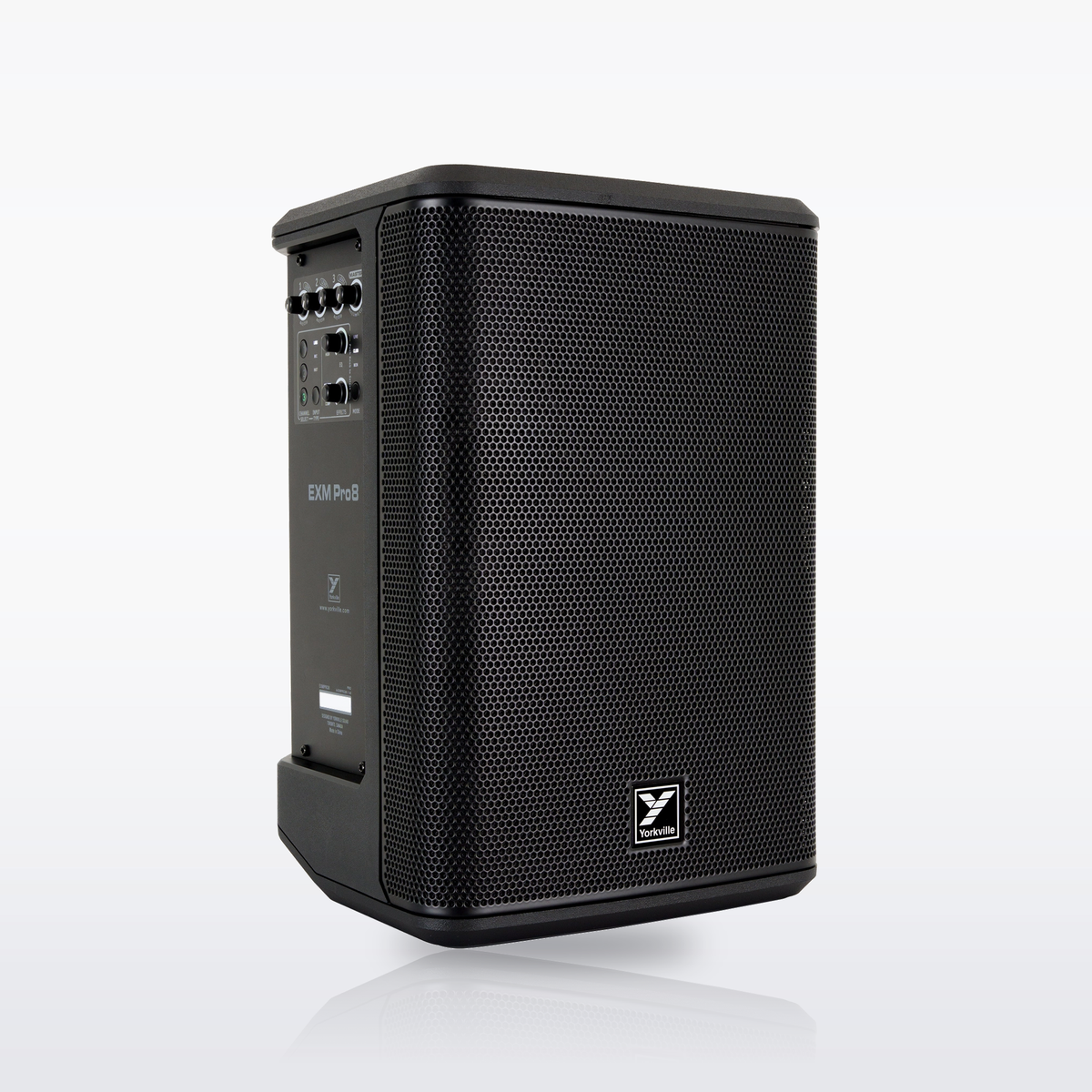 Yorkville EXM Pro8 battery-powered PA speaker, three-quarter left view