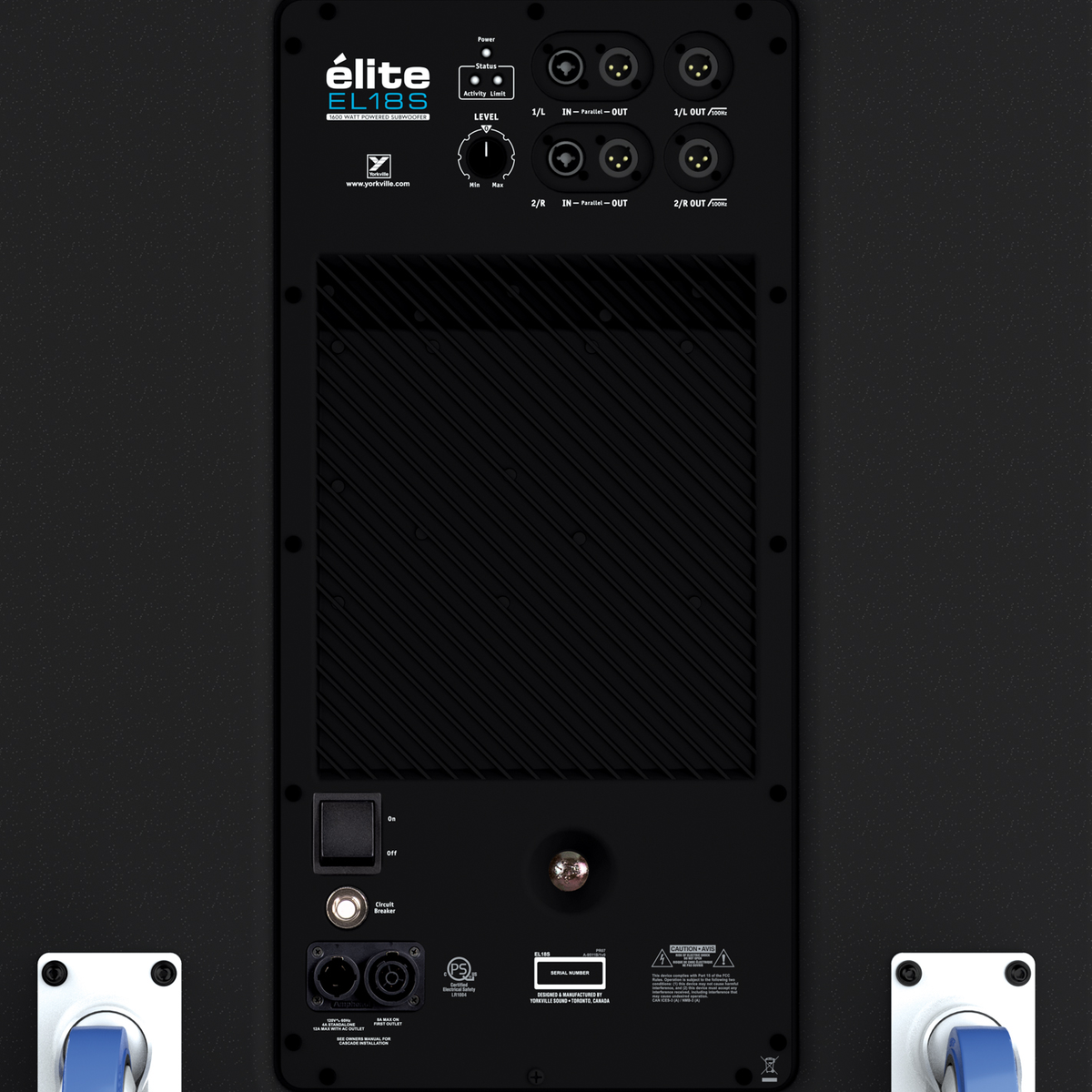 Yorkville EL18S rear panel with combo inputs, high-pass and full-range XLR outputs and level control